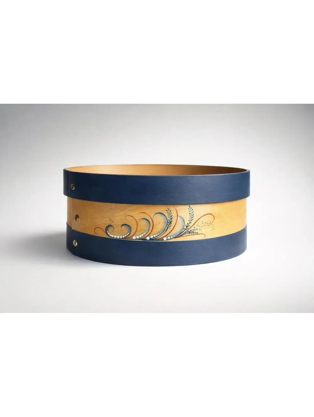 Hand-Painted Wooden Round Box with Blue and Natural Finish